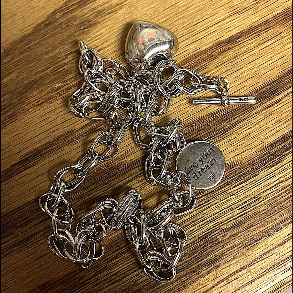 Sterling Silver Heart Chain Link Charm Pendant Toggle Necklace - Picture 9 of 9